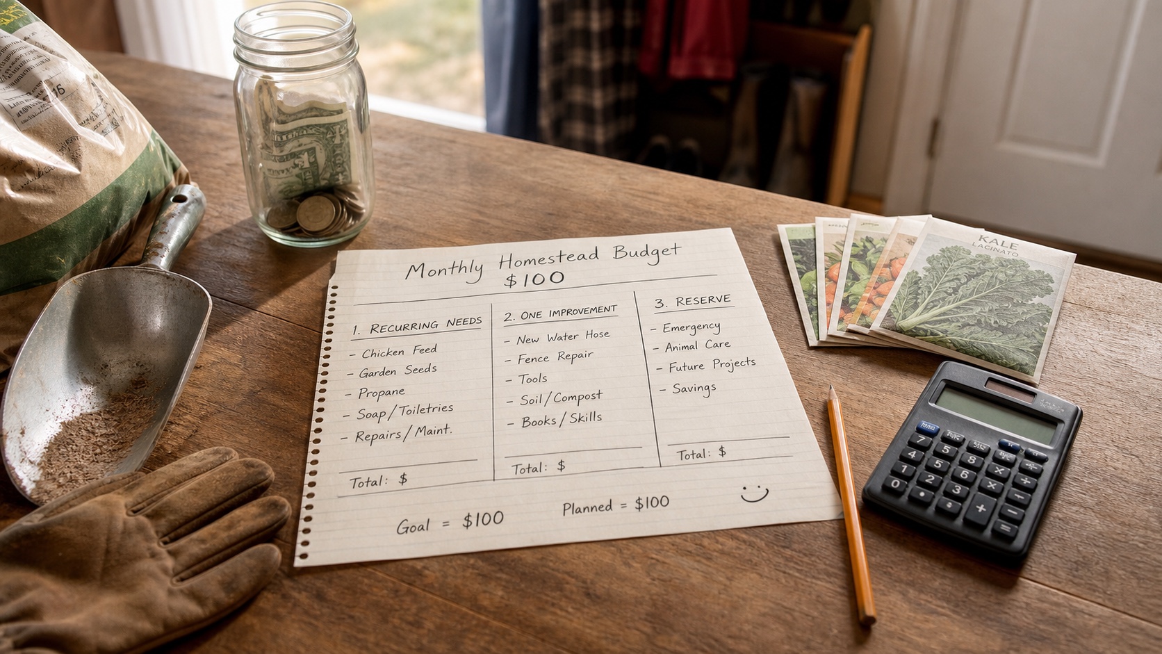 A handwritten $100 monthly homestead budget worksheet with a calculator, seed packets, work gloves, and a coin jar on a wooden table