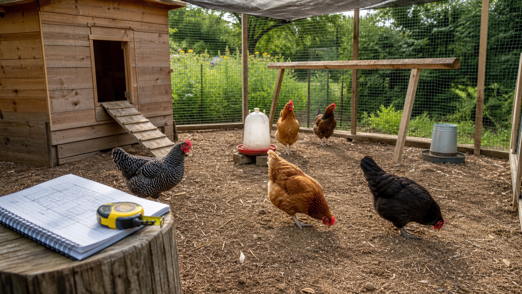 Five hens spread through a fenced backyard chicken run beside a wooden coop with feeder, waterer, shade cloth, and a space-planning notebook