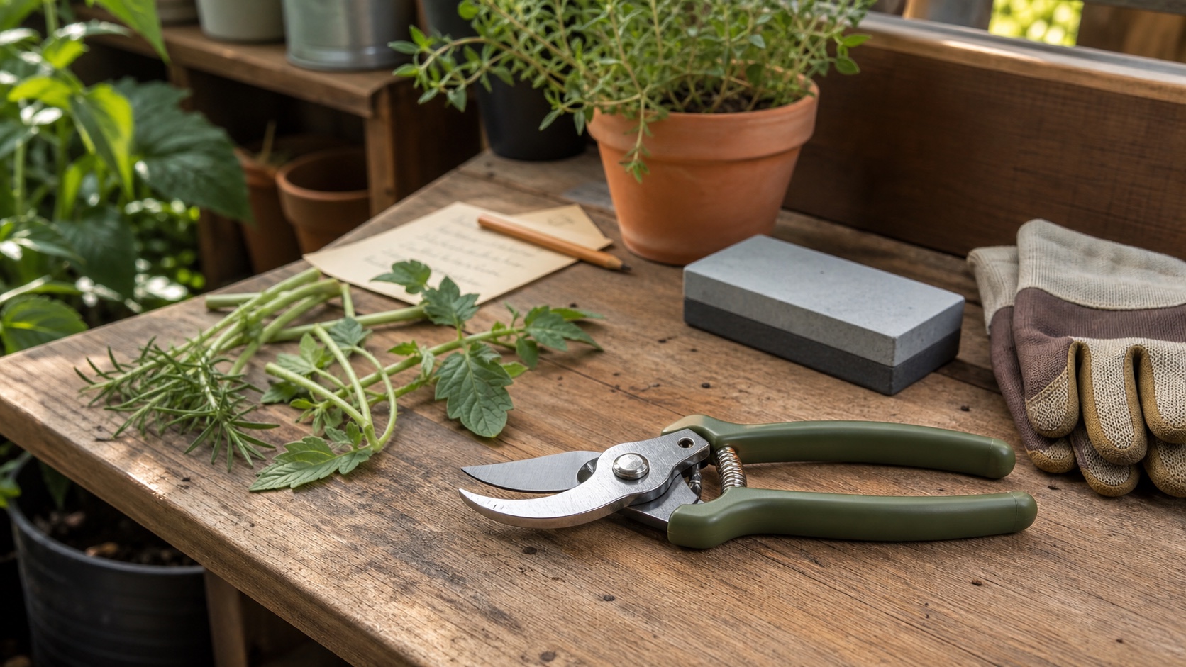 Bypass pruning shears on a wooden potting bench with trimmed herb stems, garden gloves, a sharpening stone, and a potted herb