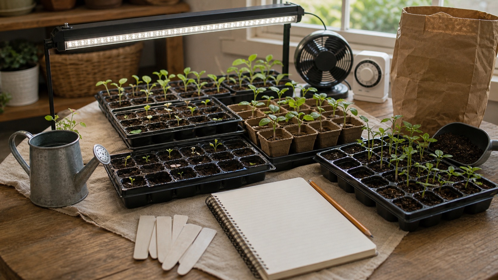 Seed-starting trays with young seedlings under a grow light beside a watering can, blank plant markers, notebook, pencil, timer, fan, and seed-starting mix