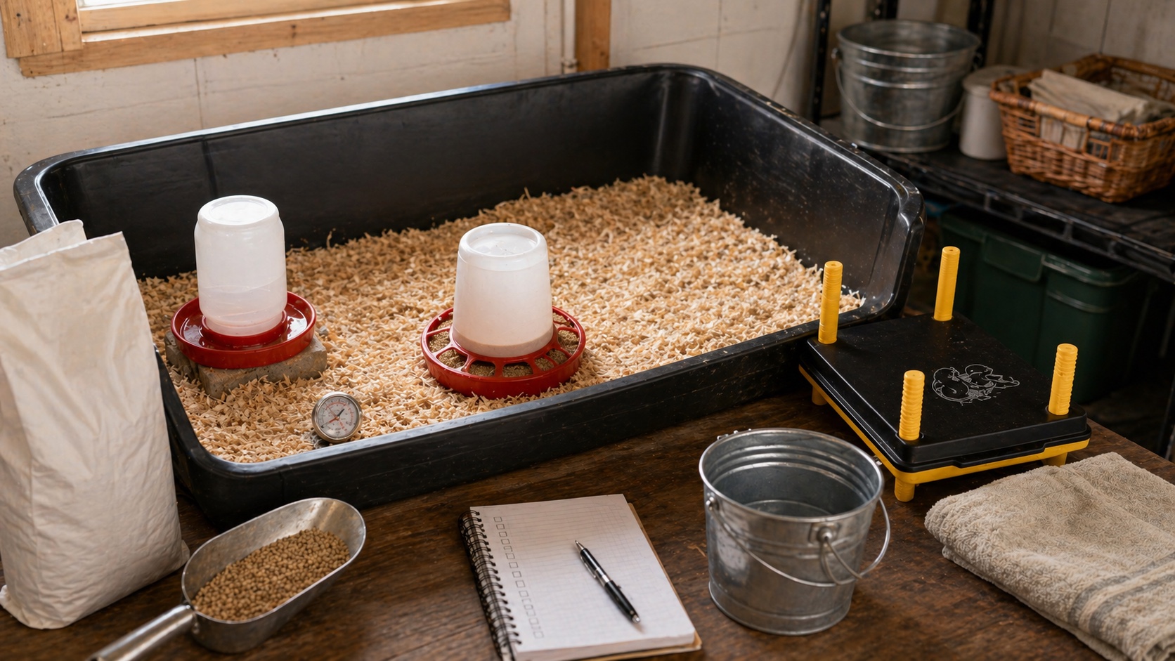 Empty chick brooder prepared with pine shavings, feeder, waterer, thermometer, brooder plate, starter feed, and checklist notebook