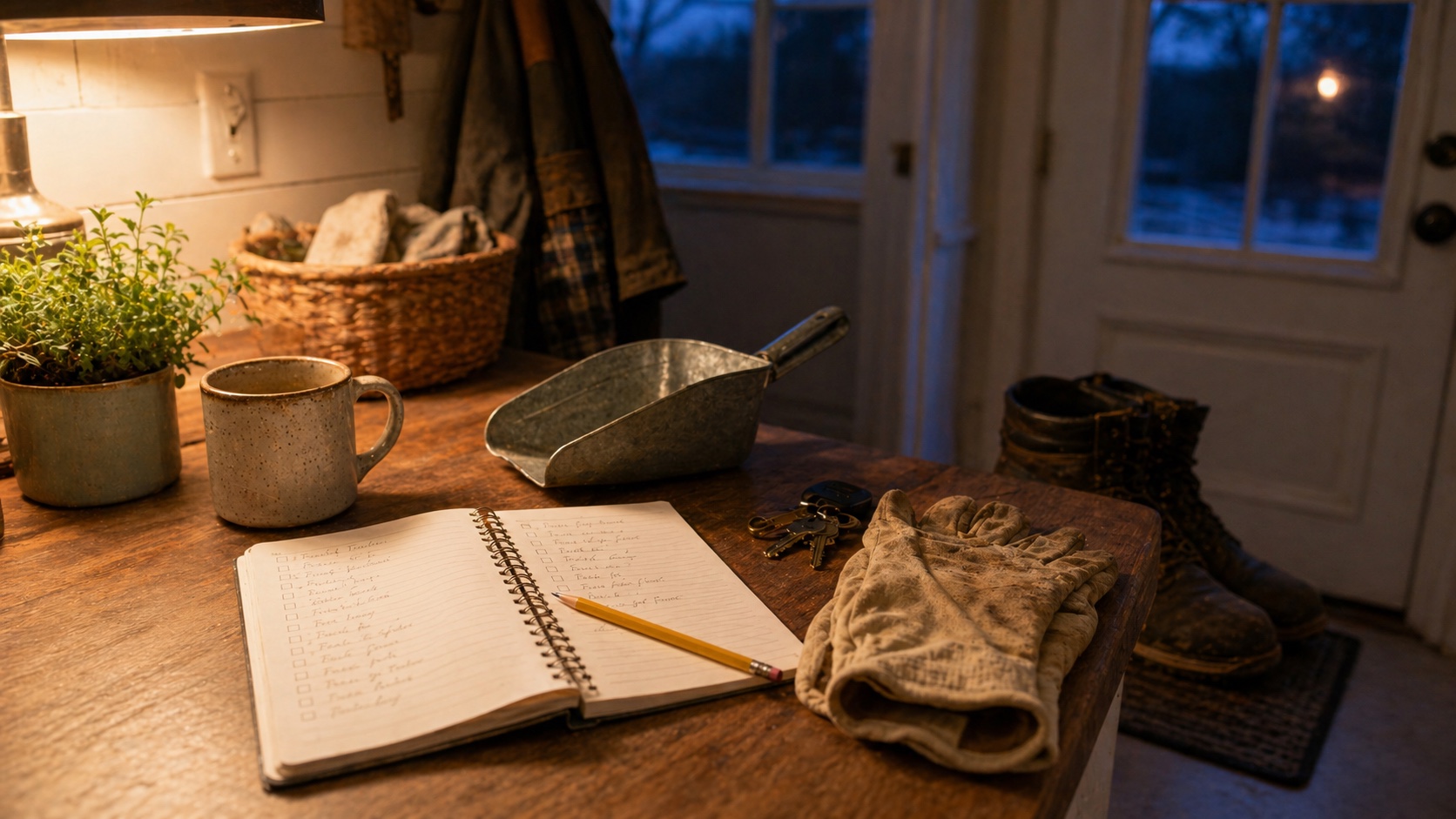 Notebook, work gloves, keys, boots, and a feed scoop staged on a warm evening entry table