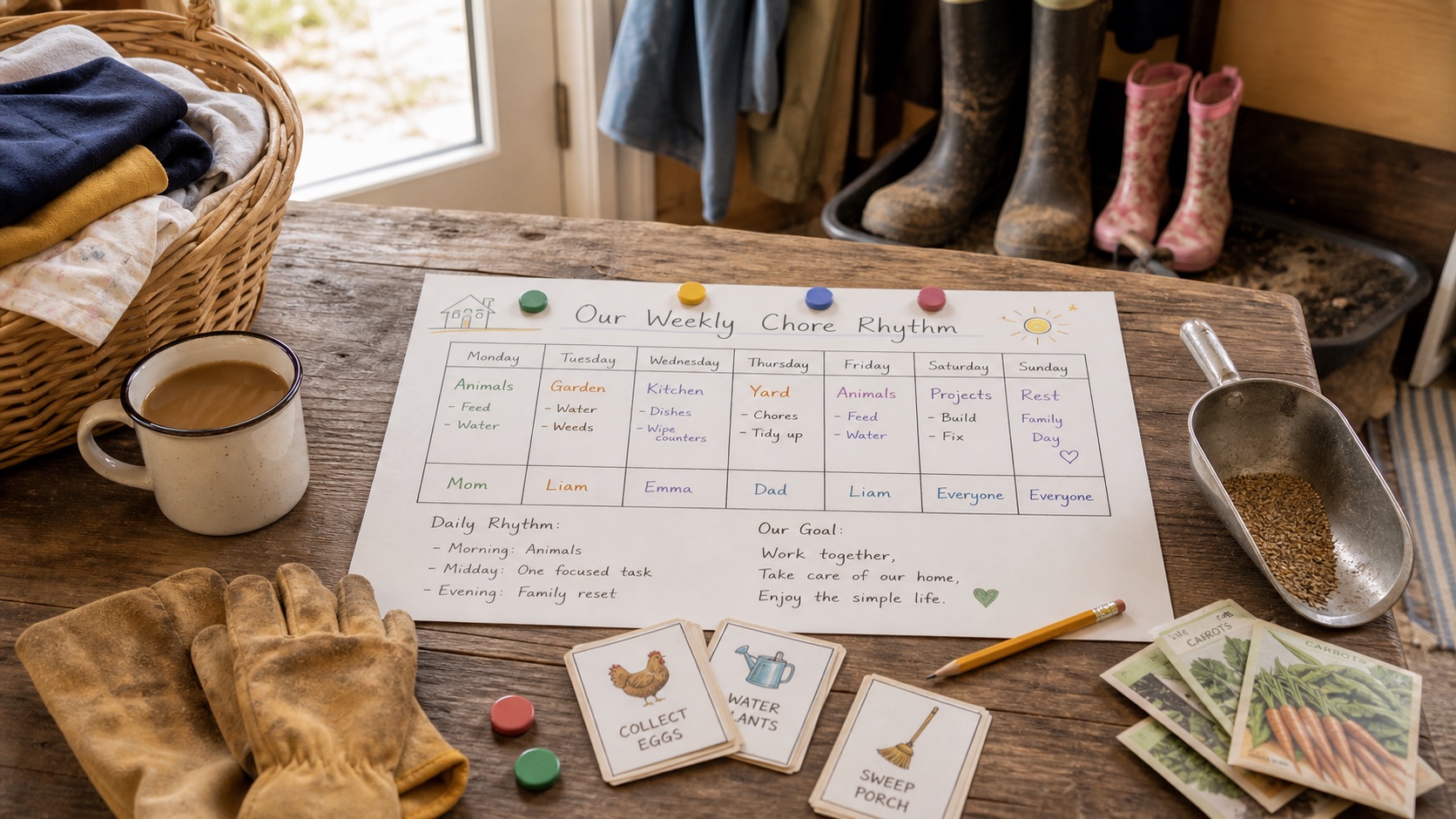 A family weekly chore rhythm plan on a wooden table with boots, work gloves, chore cards, seed packets, and a feed scoop