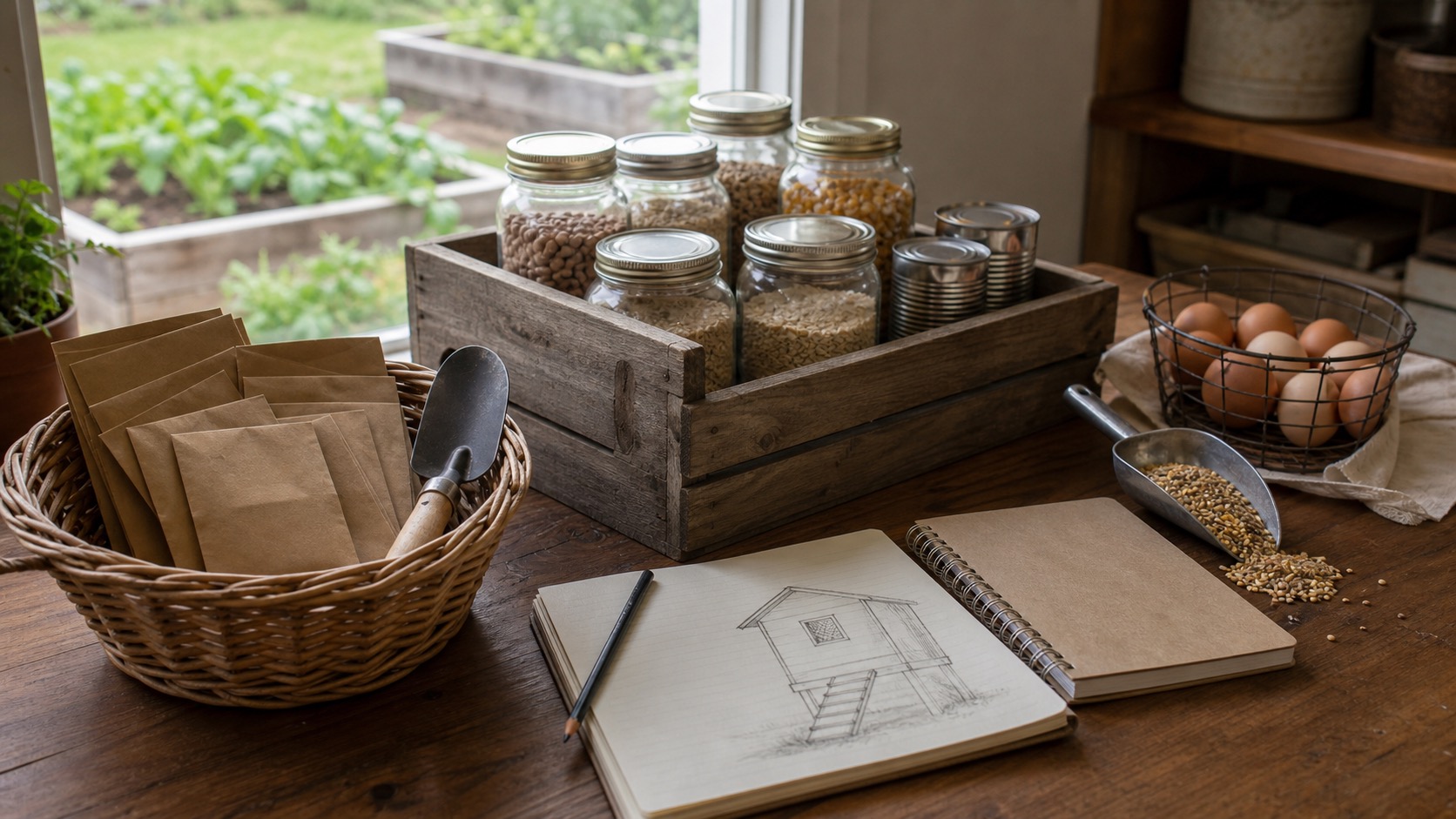 A planning table with blank seed packets, a hand trowel, pantry jars, canned goods, eggs, a feed scoop, and a notebook sketch of a small chicken coop
