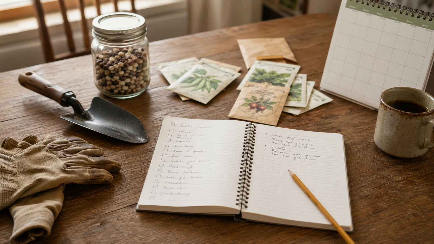 Notebook, seed packets, beans, work gloves, and a trowel arranged on a kitchen table for homestead skill planning