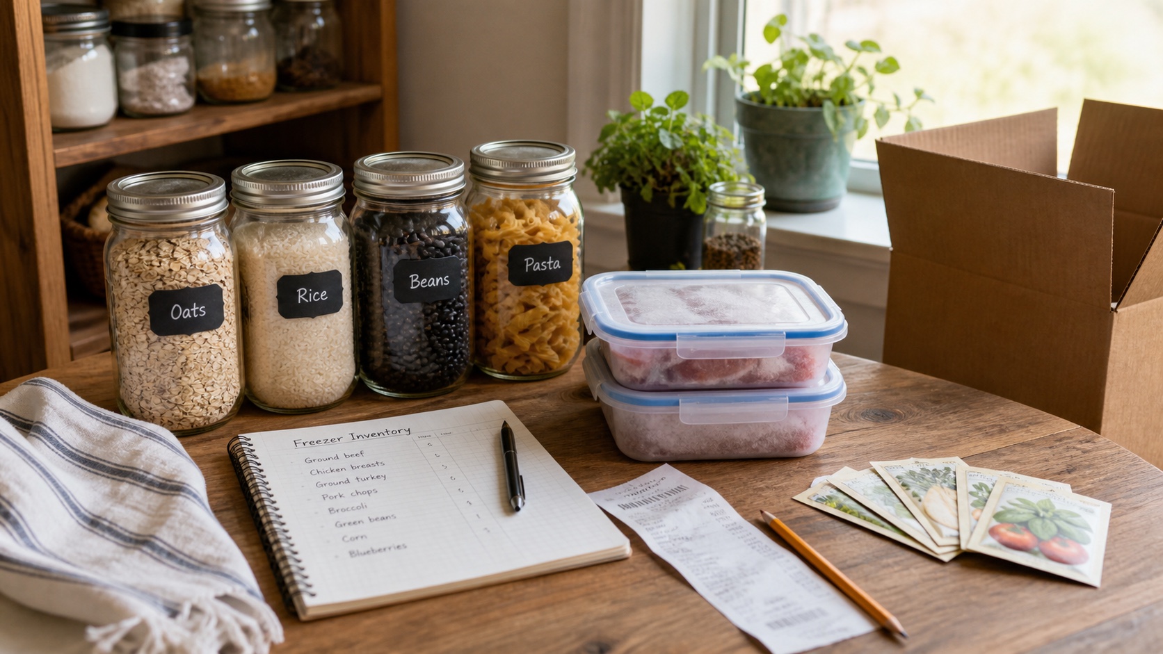 Pantry jars, freezer containers, seed packets, herbs, a grocery receipt, and a freezer inventory notebook on a kitchen table beside a moving box
