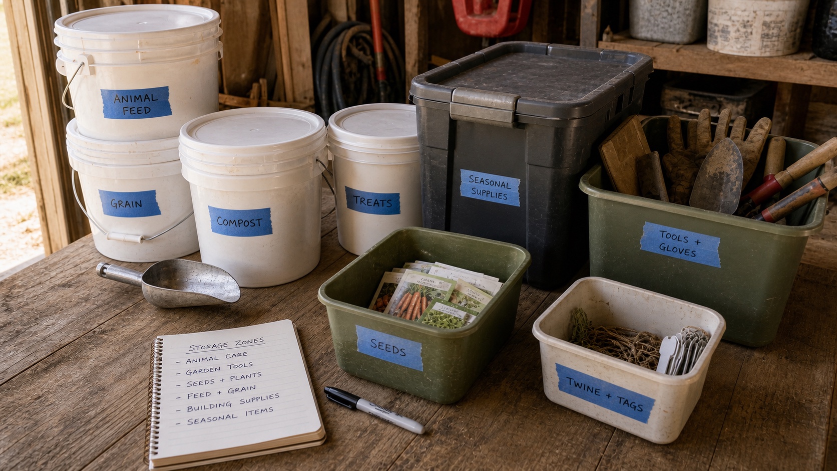 Labeled homestead buckets, lidded totes, and open bins holding feed, seeds, hand tools, gloves, twine, and storage notes on a wooden workbench