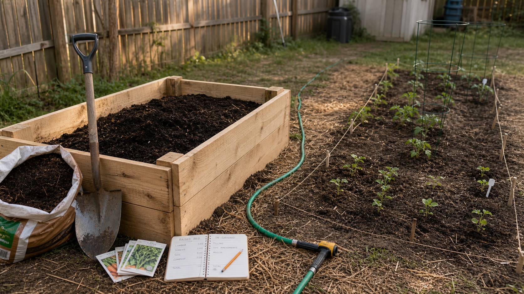 A simple wooden raised bed beside an in-ground beginner garden with a hose, shovel, seed packets, compost, and cost notes