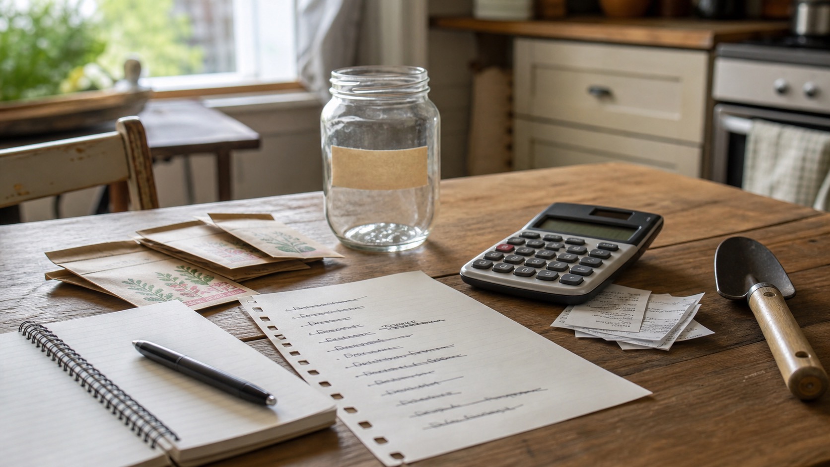 A kitchen table with a spending pause list, calculator, receipts, seed packets, field notebook, savings jar, and small garden trowel
