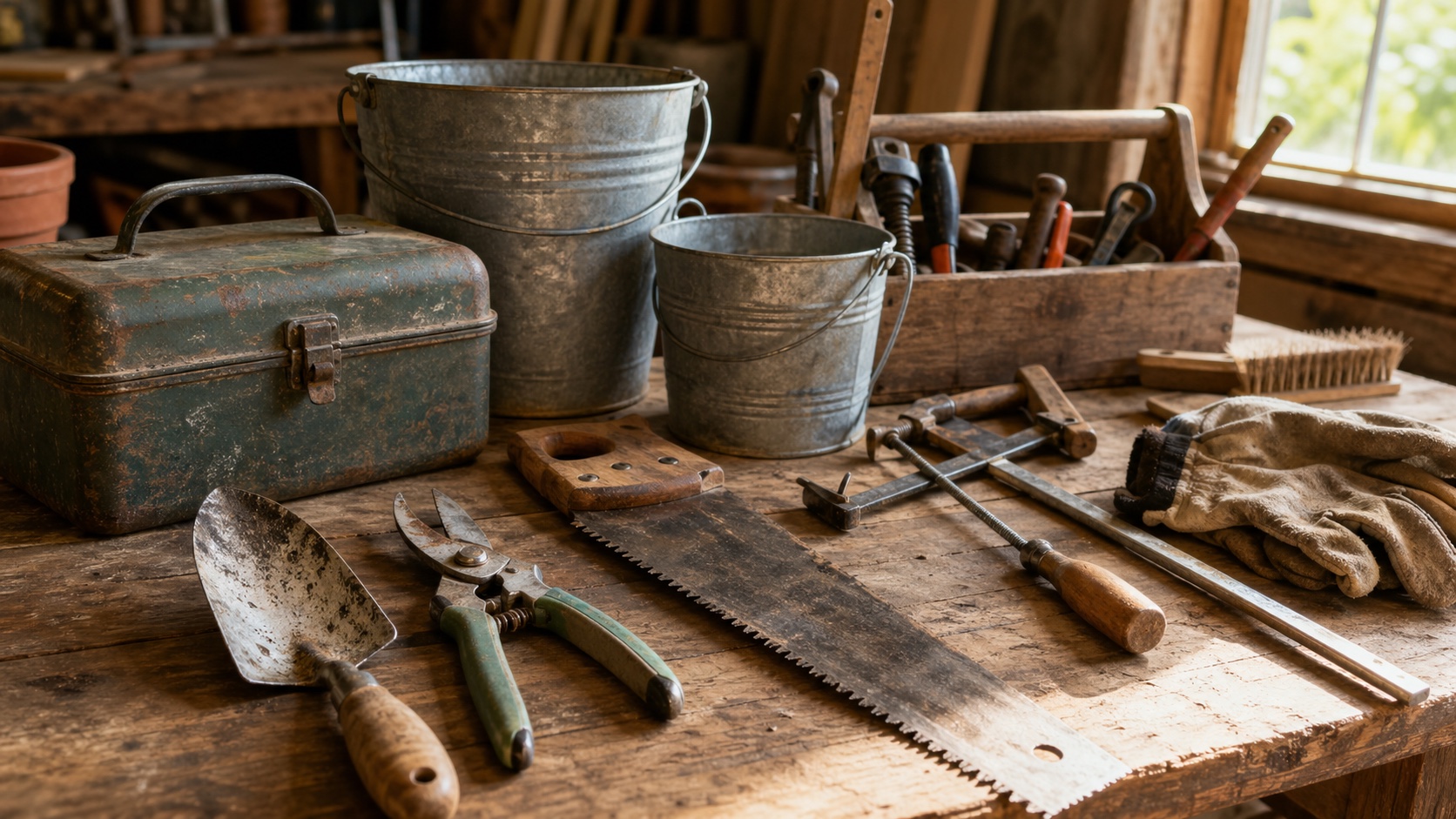 Secondhand homestead hand tools, buckets, clamps, gloves, and a toolbox on a wooden workbench